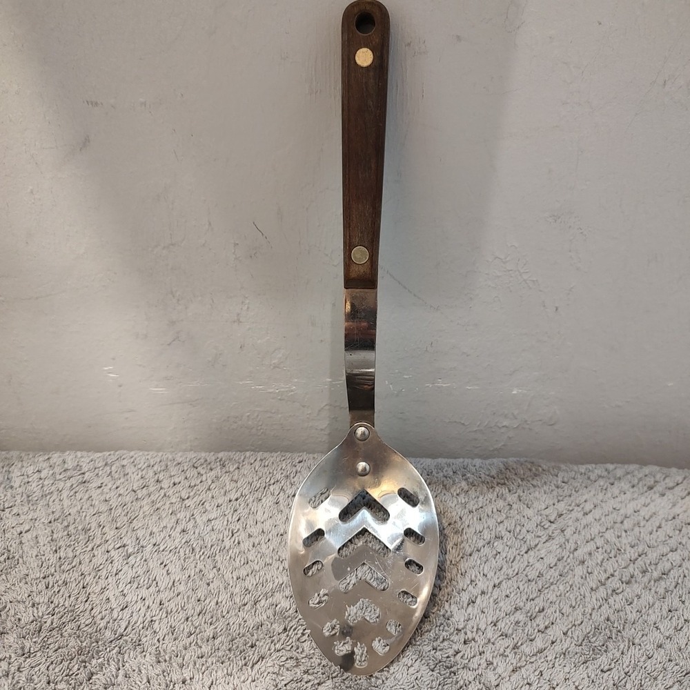Vtg Stainless Steel‎ Slotted Spoon Wood Handle 10" USA Arrowhead EHP